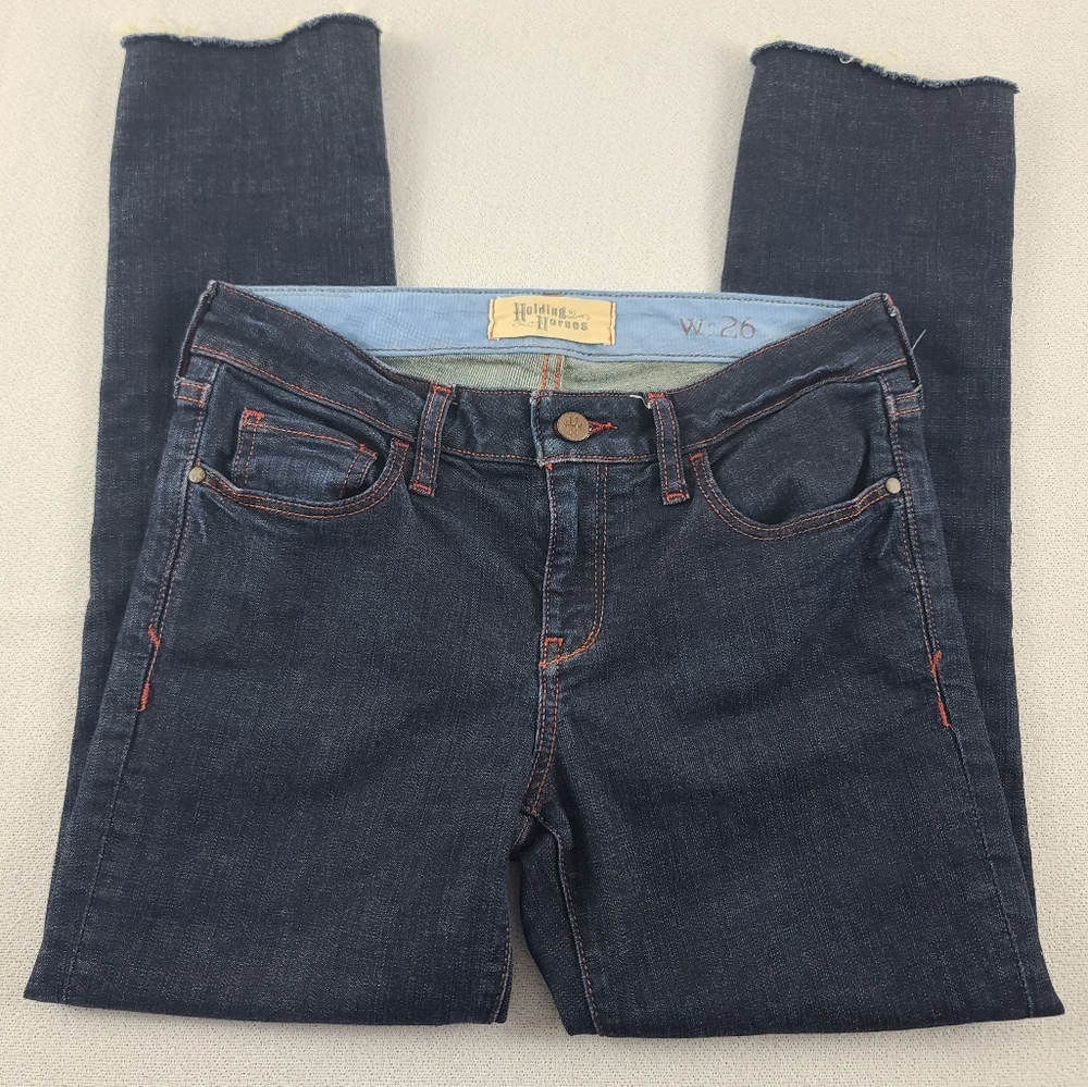 Anthropologie Holding Horses Med Rise Cropped Jeans Raw Hem Dark Wash 26